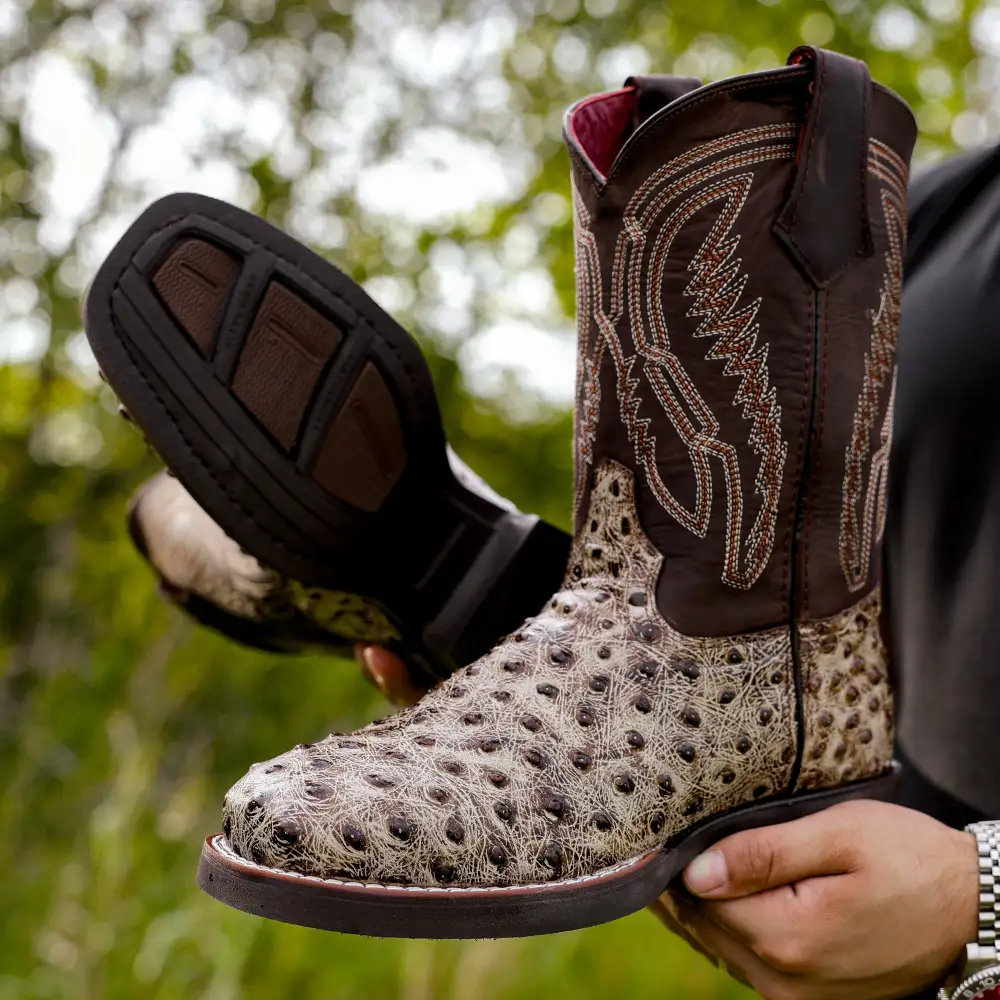 Desert Ostrich Leather Boots With Lightweight Soles - Square Toe