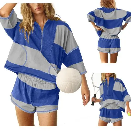 Women Striped Workout Set Two Piece Outfit Tracksuit Oversized Lounge Set