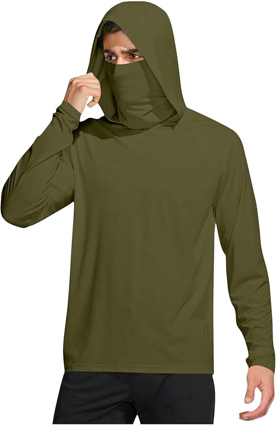 Long Sleeve Sun Shirt Men UPF 50+ Rash Guard Cooling Fishing Hoodies with Mask Casual Summer UV SPF Hiking Blouses