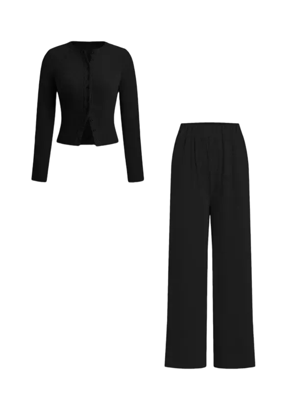 Two-piece Set Women's Solid Button Front Ribbed Crop Top & Elastic Waist Pants