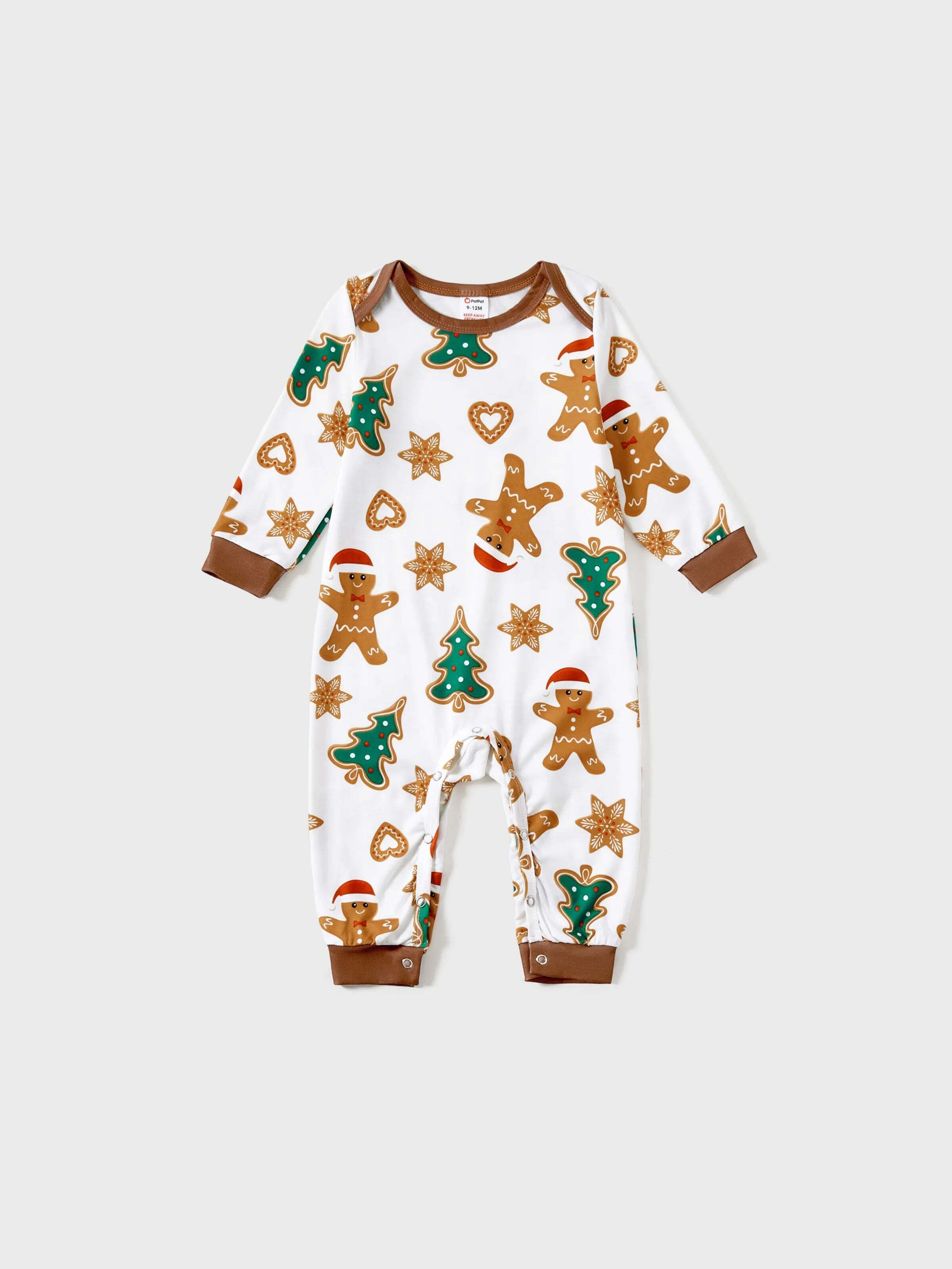 Christmas Family Matching Cartoon Gingerbread Man and Tree All-over Print Long-sleeve Pajamas Sets with Christmas Socks Coffee