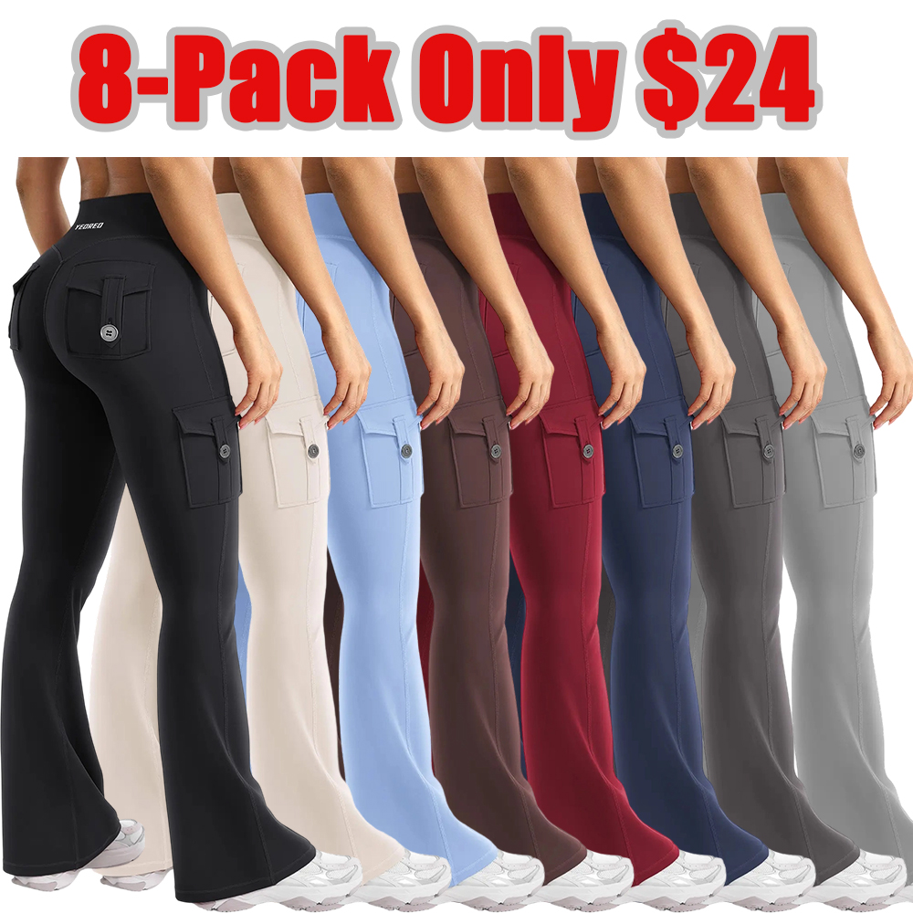 Women's Workout Flare Leggings with Pockets Hidden Scrunch High Waisted Cargo Gym Yoga