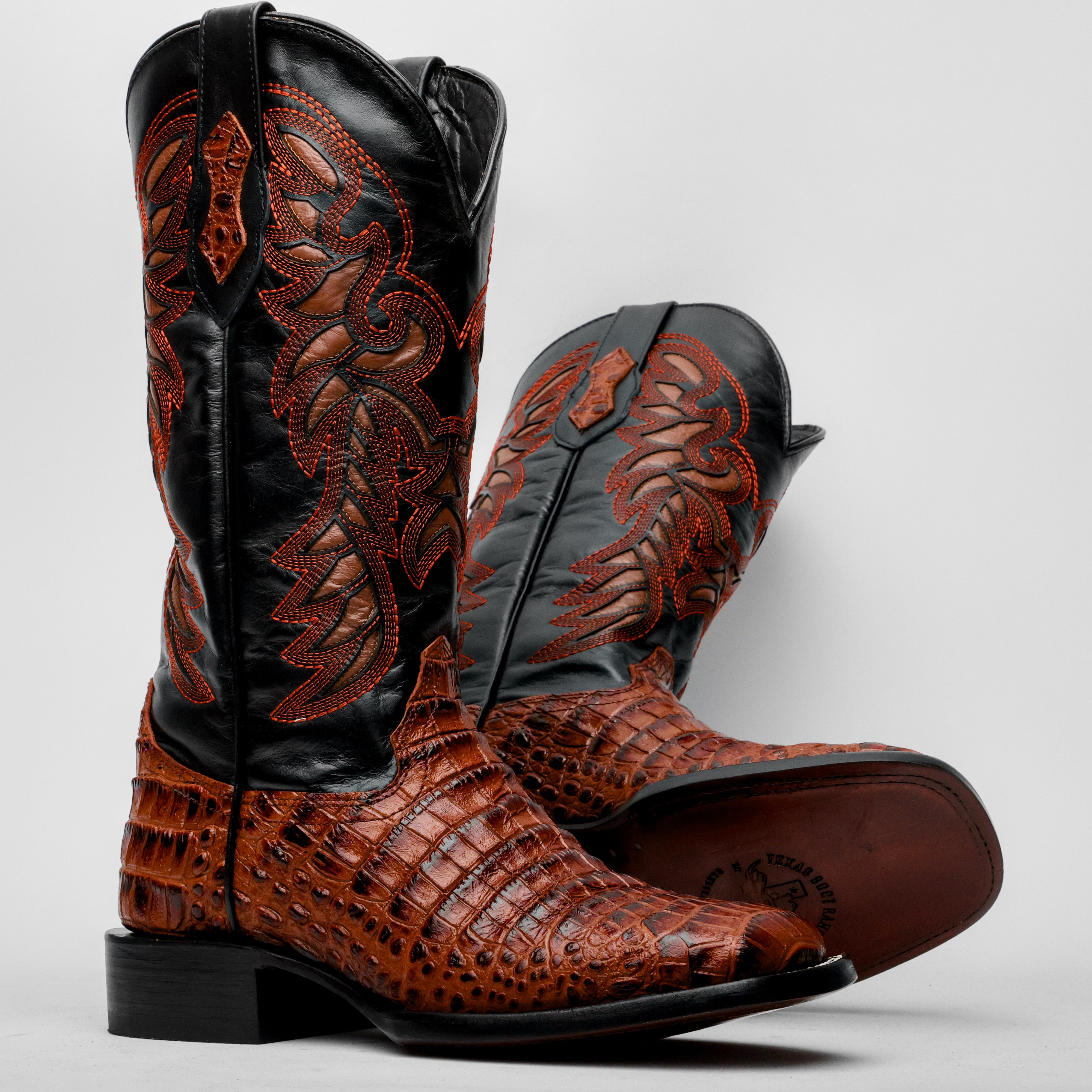 Cognac Caiman Belly Leather Boots - Square Toe