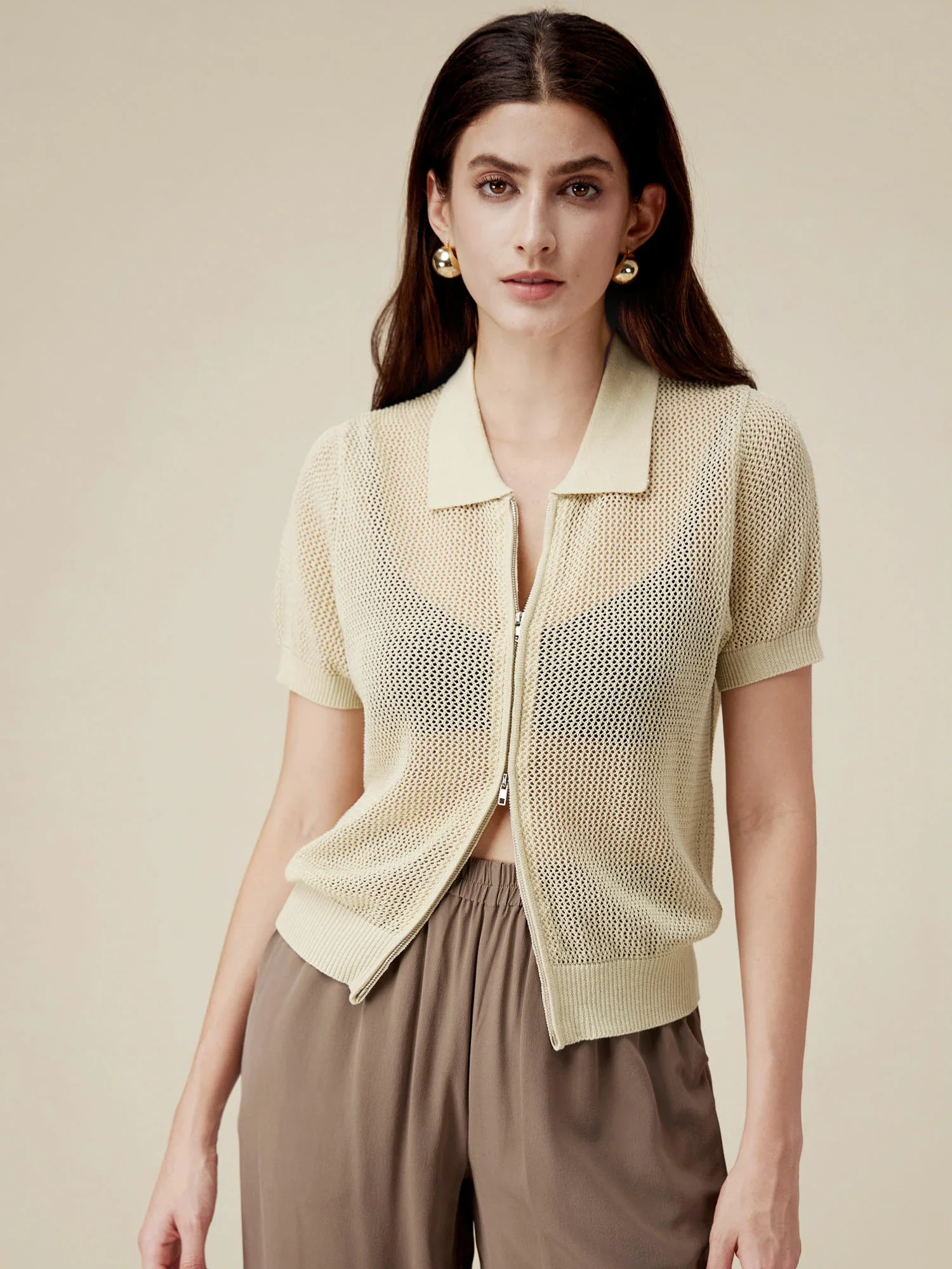Linen & Lyocell V-Neck Short Sleeve Zipper Hollow Out Cardigan