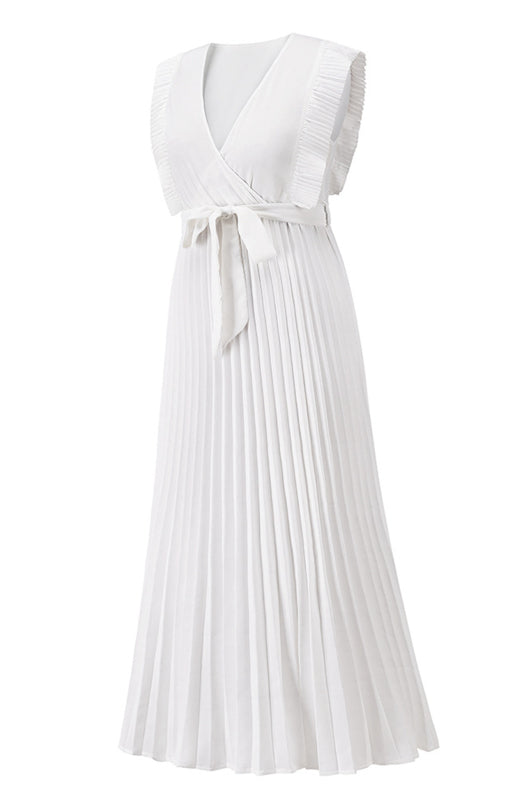 Beach Lotus Leaf Sleeve Chiffon Pleated Skirt Solid Color Dress