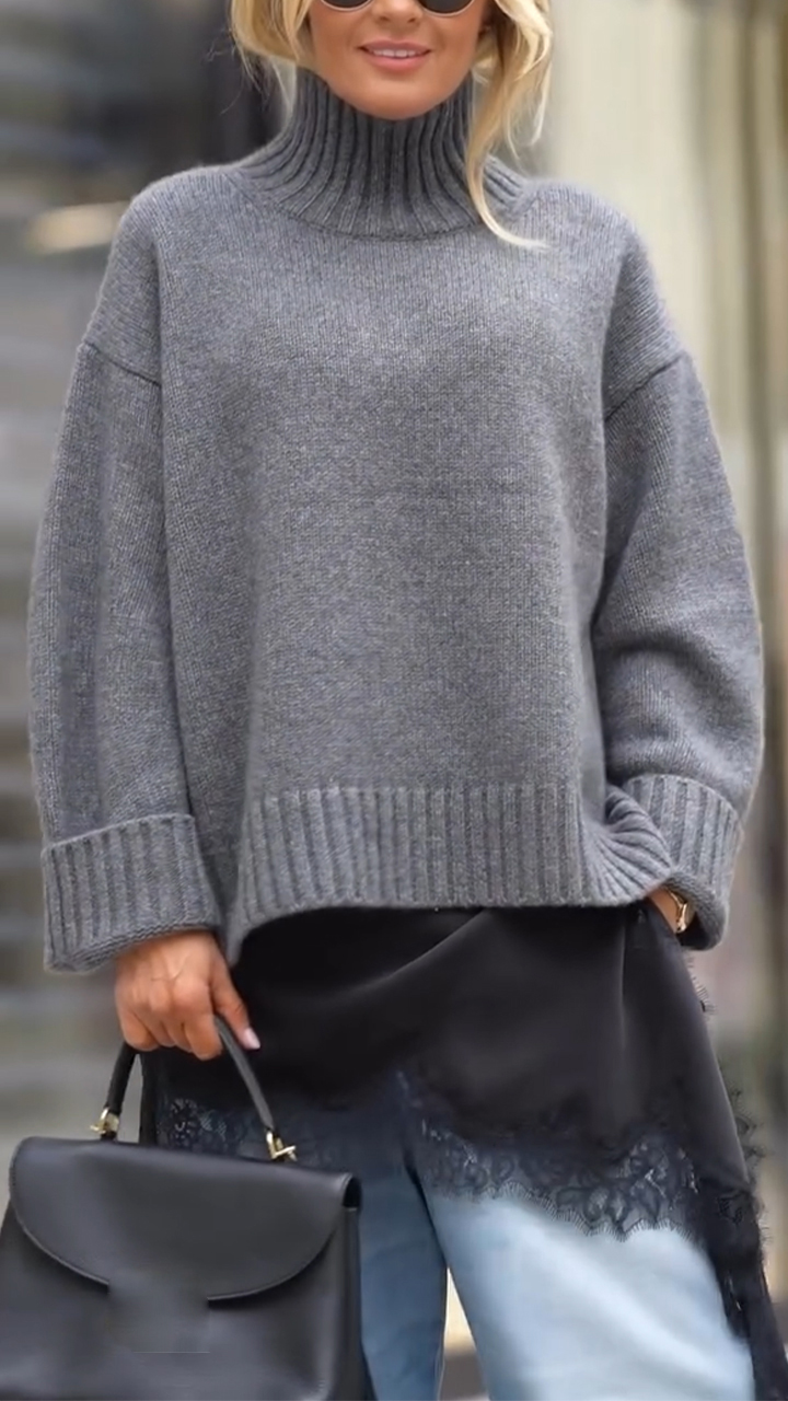 Women High-Neck Patchwork Casual Knit Sweater