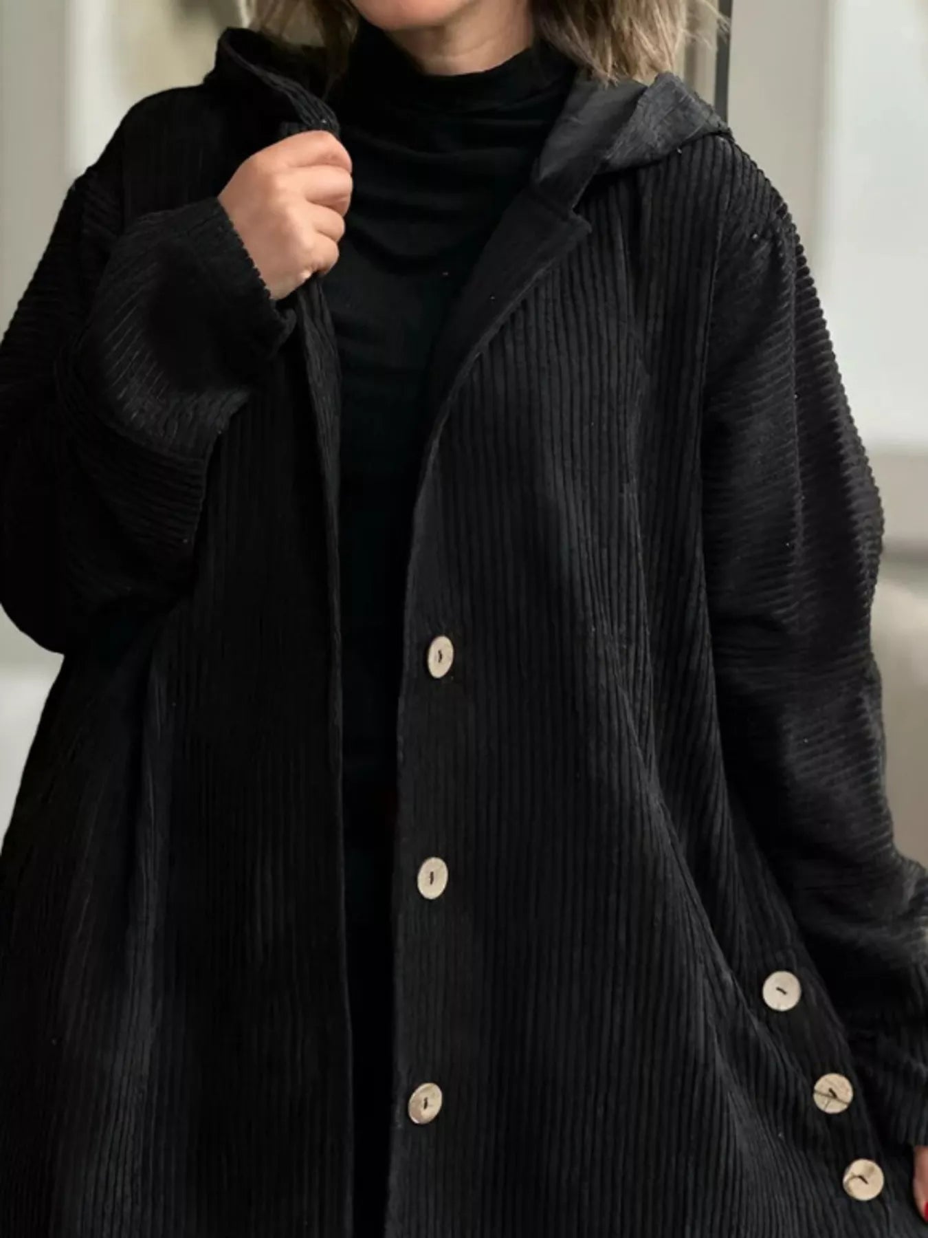 Full Size Corduroy Button Up Hooded Jacket Plus Size