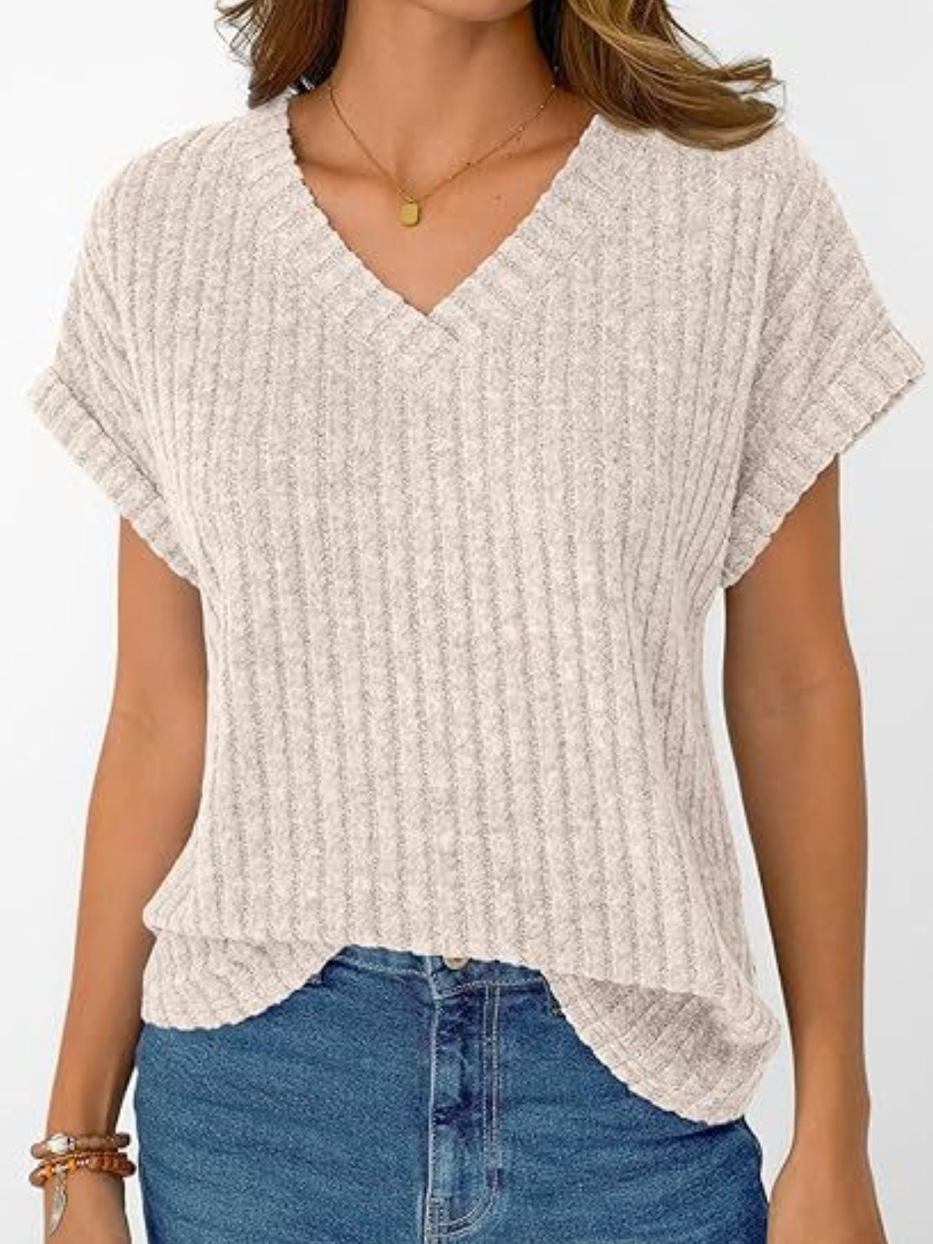 Ribbed Knit V-Neck Relaxed Fit T-Shirt