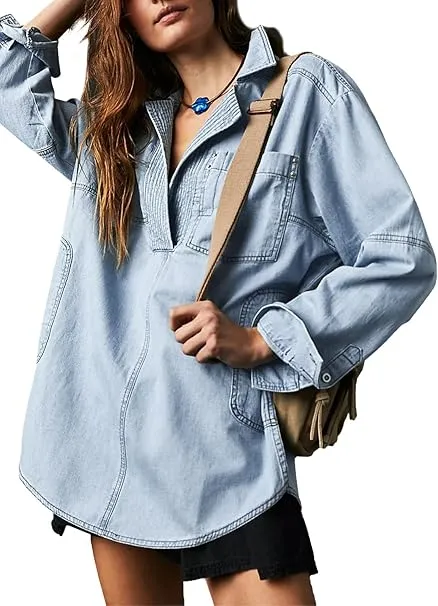 Women's Denim Pullover Casual Loose Fit V Neck Blouse