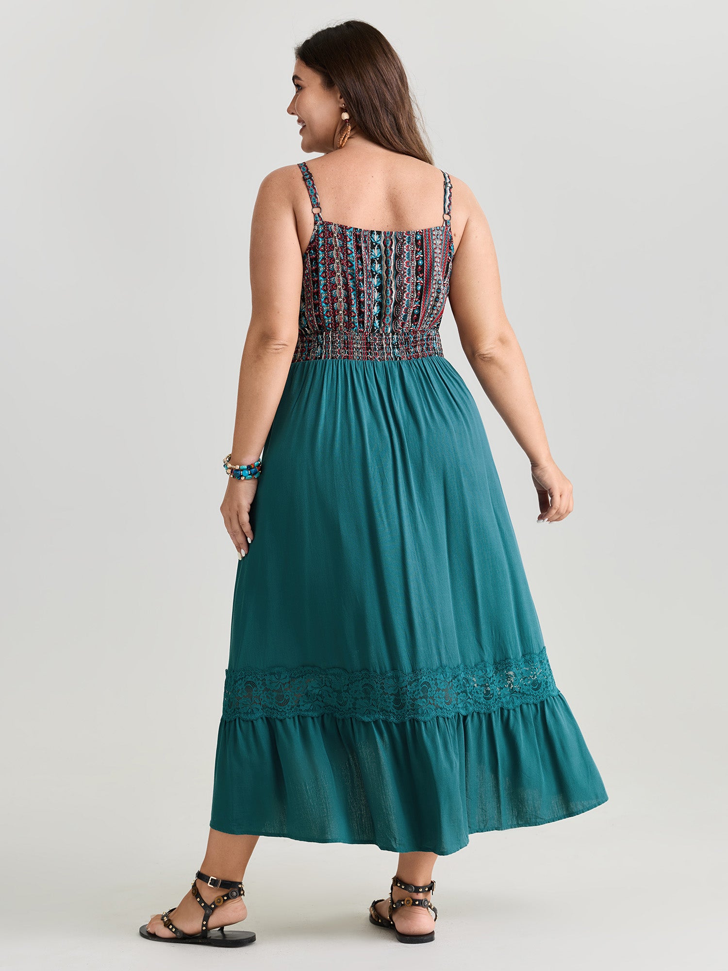 Boho Striped Lace Trim Midi Dress