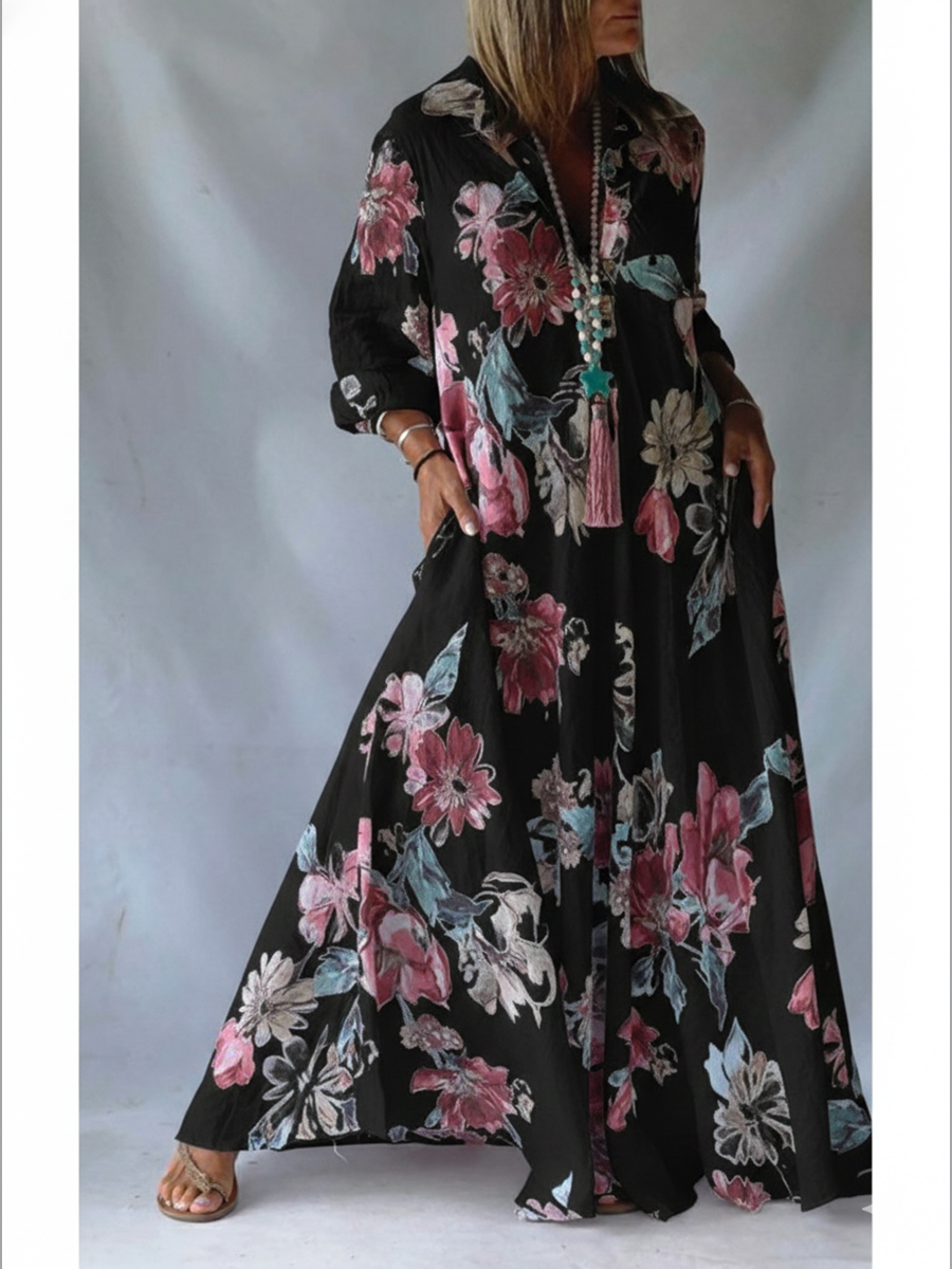 Loose-fitting Casual Linen And Cotton Floral Print Shirt Dress