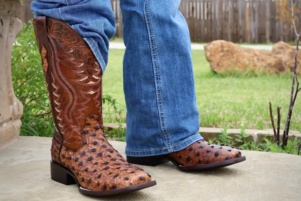 Cognac Ostrich Leather Boots — Square Toe