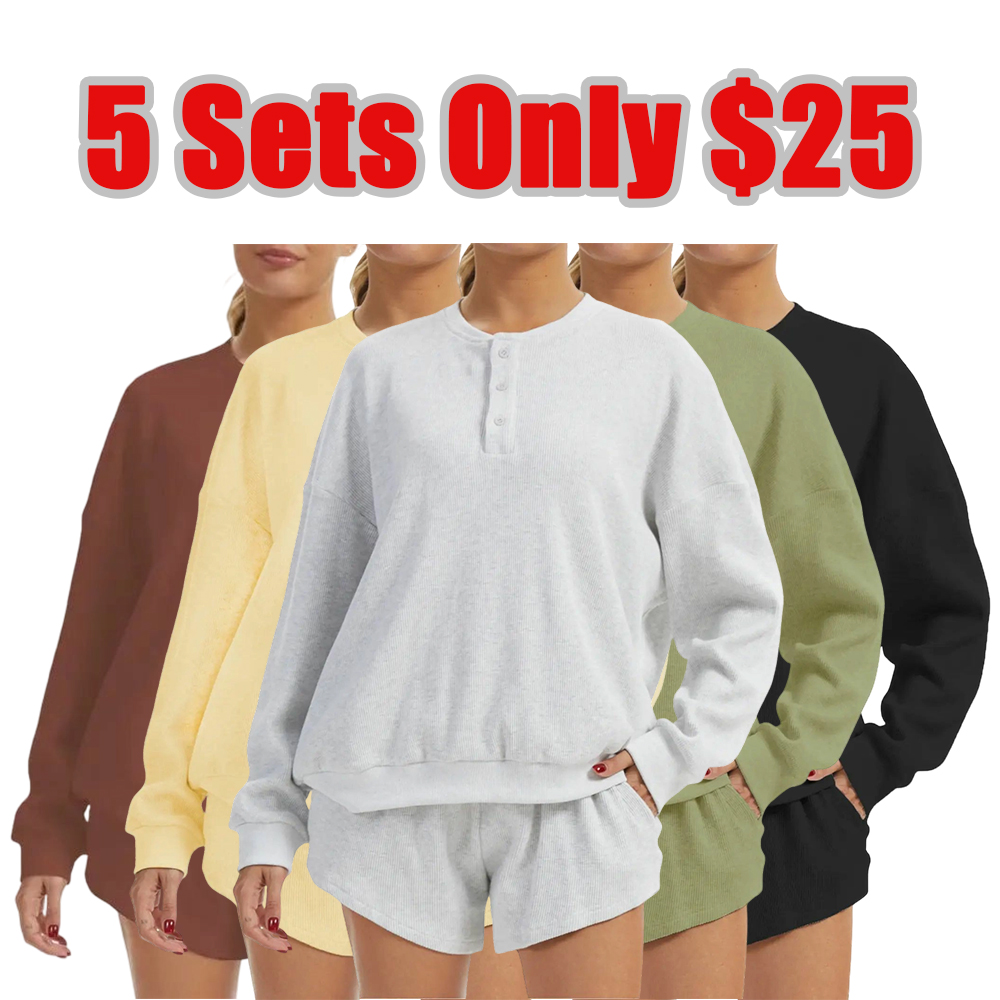 Women's Oversized Waffle Knit Lounge Set – Long Sleeve Henley Sweatshirt and High Waisted Shorts 2 Piece Casual Outfit Summervibes