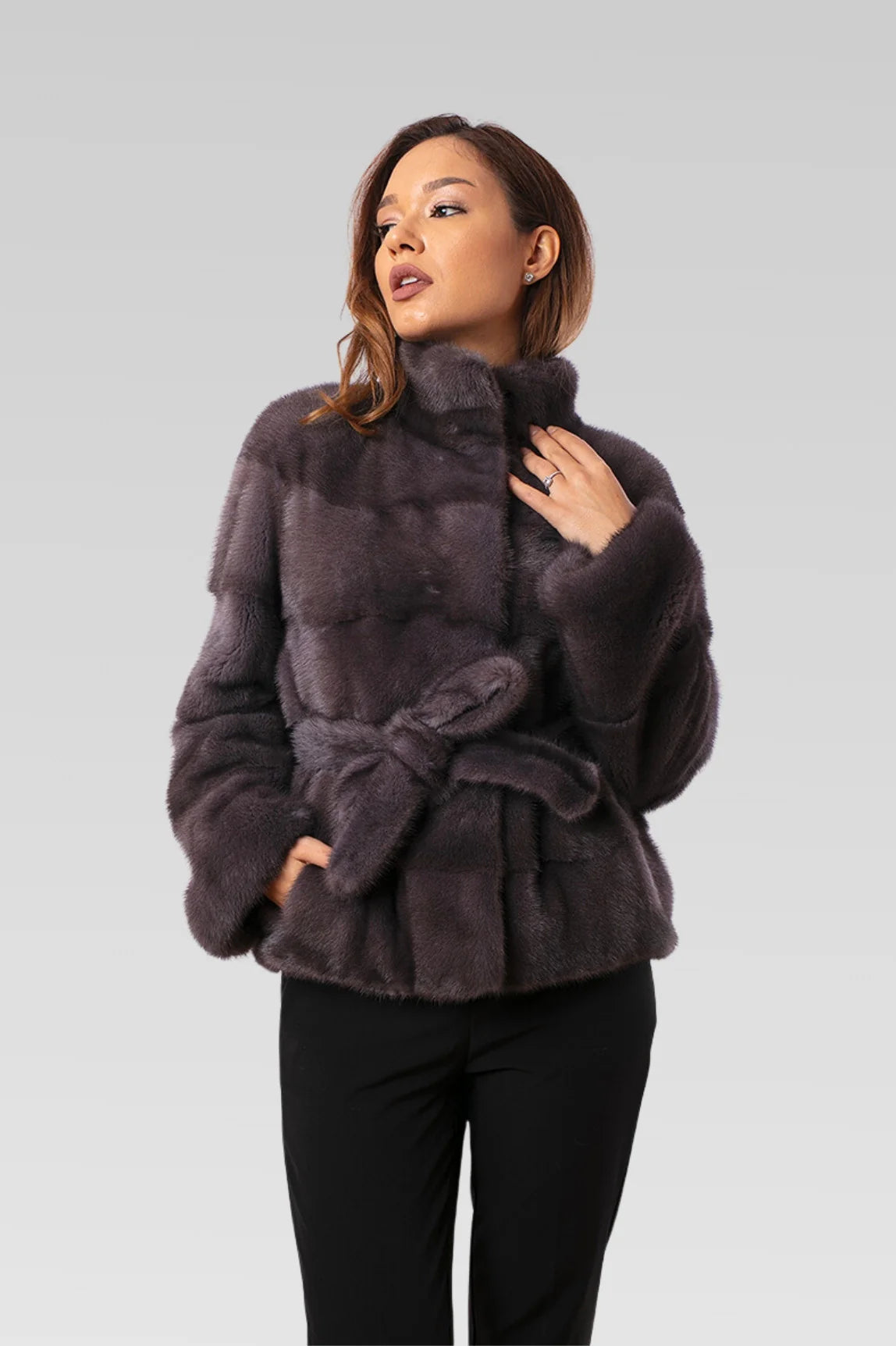 Haină din Blană Naturală de Vizon, cu Cordon, Femei, Graphite 190