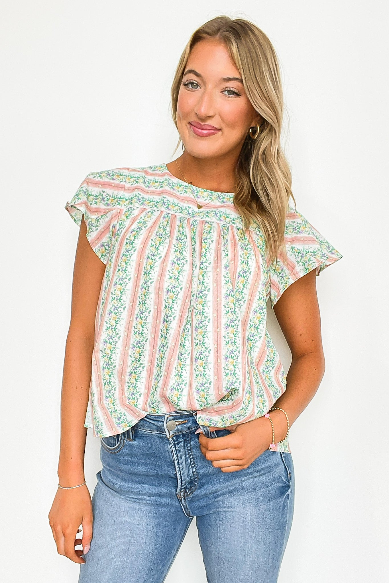 Floral Striped Round Neck Ruffle Sleeves Top