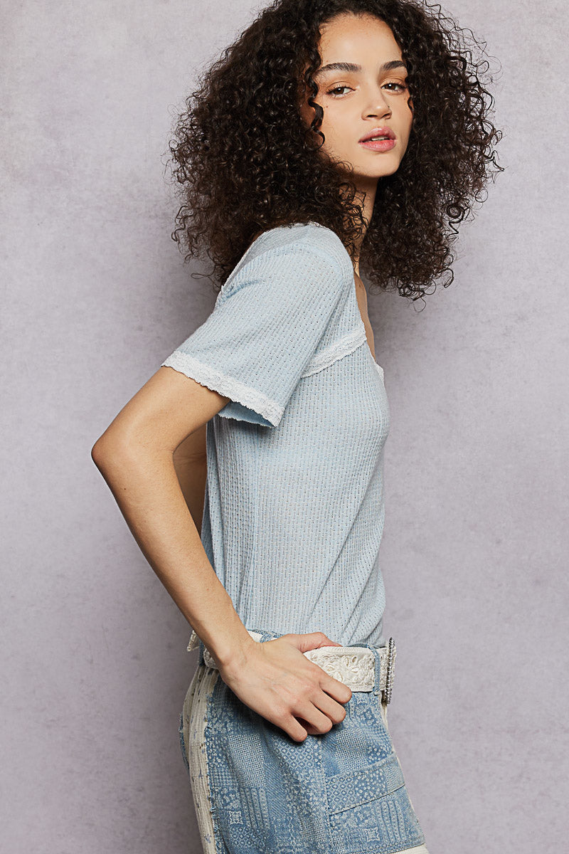 POL Lace Detail V-Neck Short Sleeve Textured T-Shirt