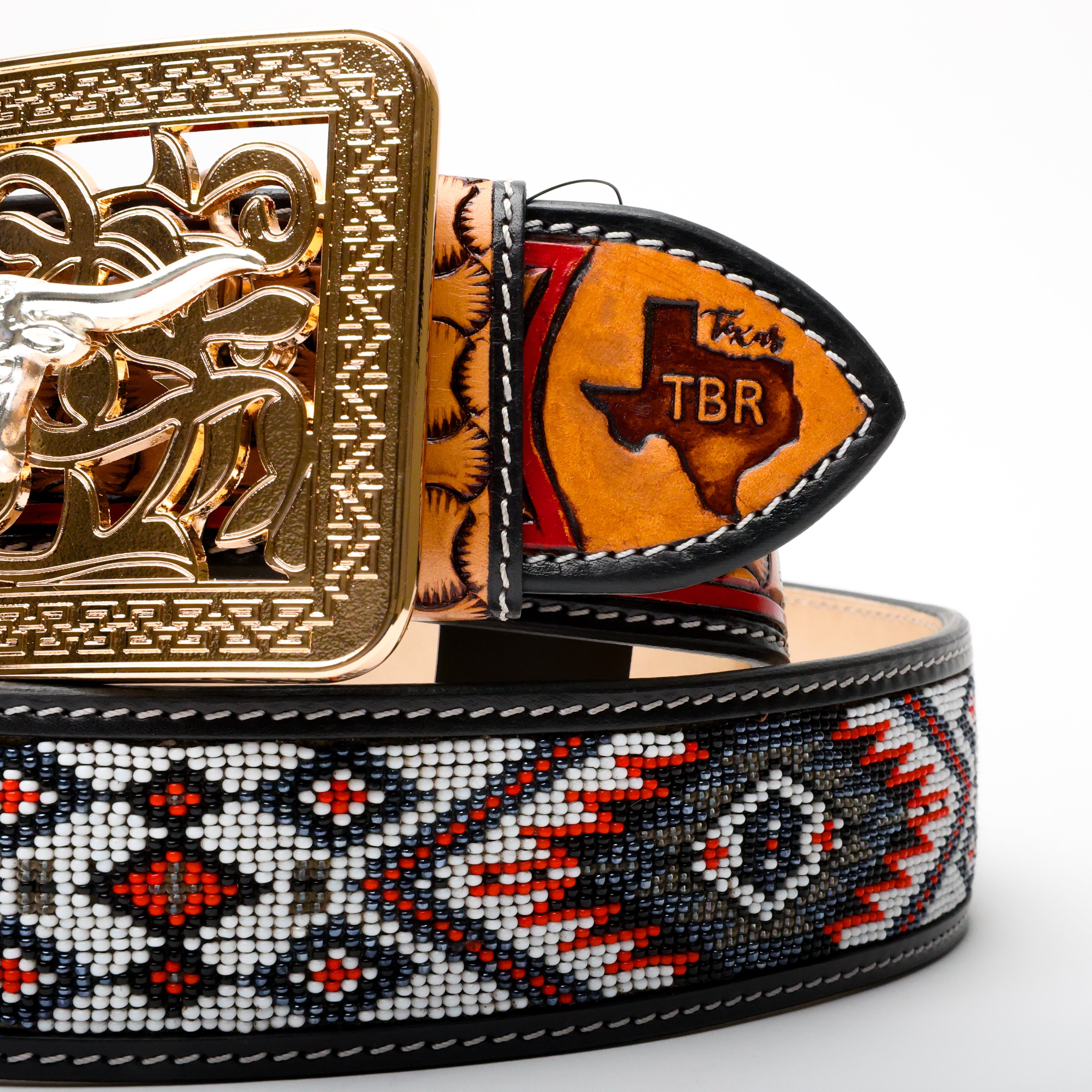 2 Inch Hand-Tooled Artesanal Beaded Leather Belt