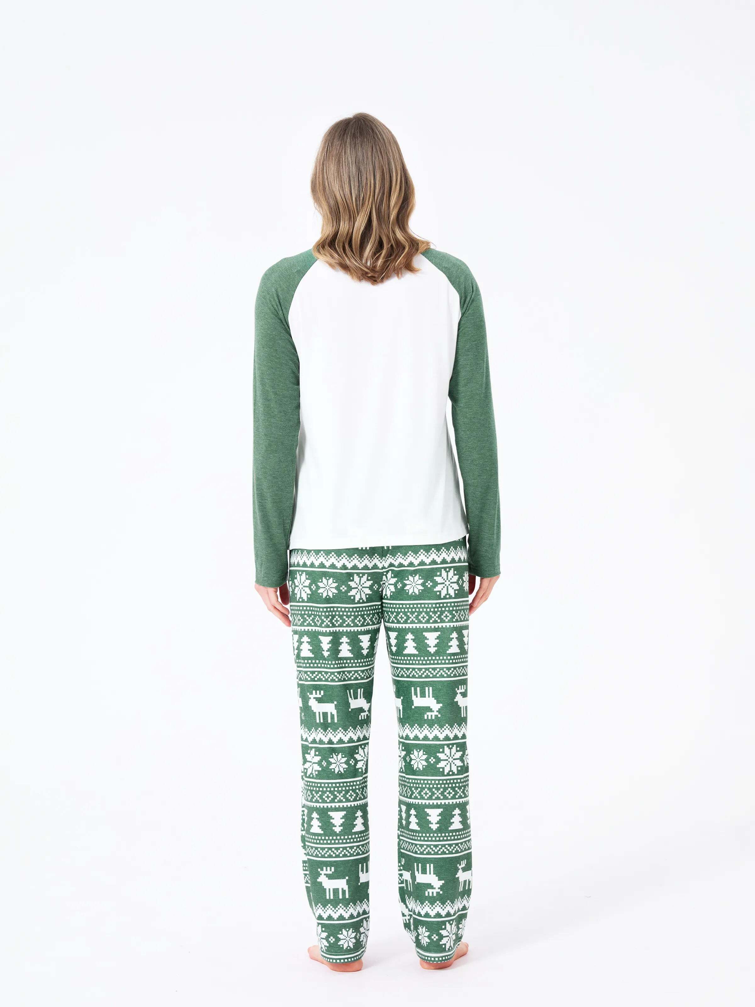 Christmas Matching Family Pajamas Set Reindeer and Snowflake Green Print PJS with Christmas Socks Dark Green