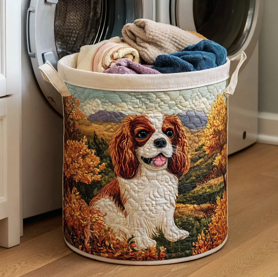 Vivid Cavalier King Charles Spaniel Pattern Quilted Laundry Basket Eco-Friendly Machine Washable Storage Organizer for Home Bathroom Bedroom | Dog