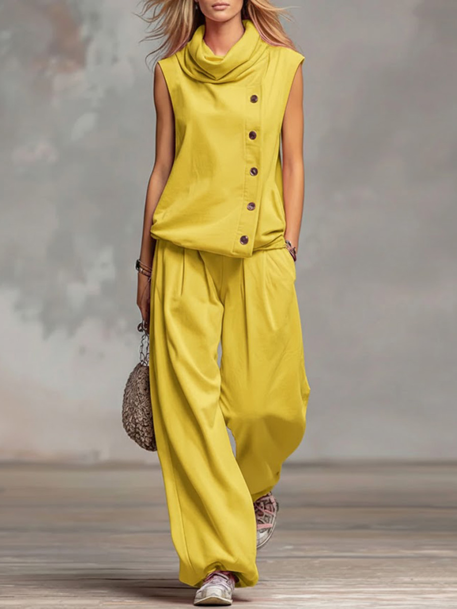 Women's Solid Color Stand-collar Sleeveless Casual Loose Cotton Top And High-waisted Loose Wide-leg Pants Set.