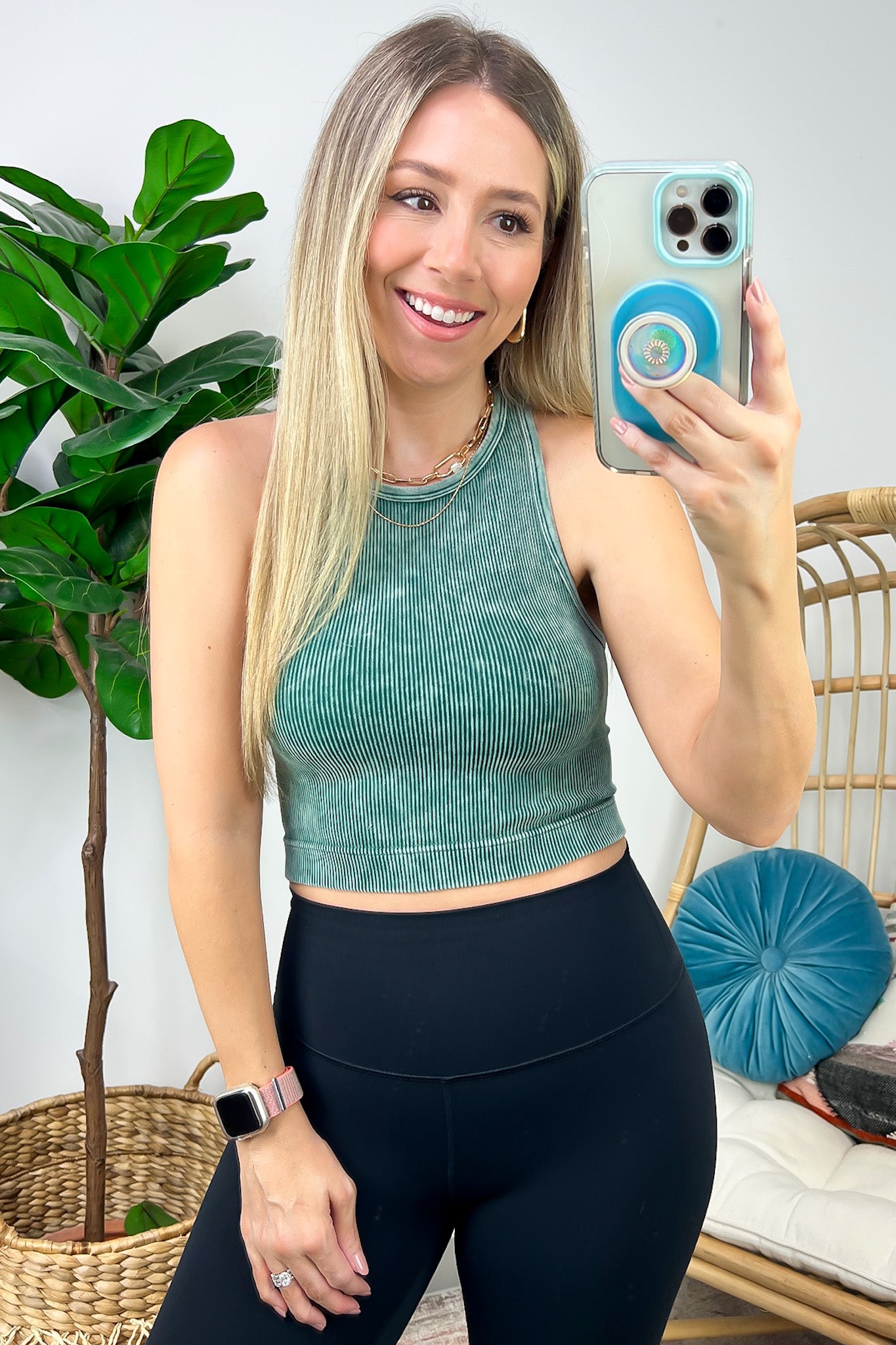 Washed Ribbed High Neck Cropped Tank Top