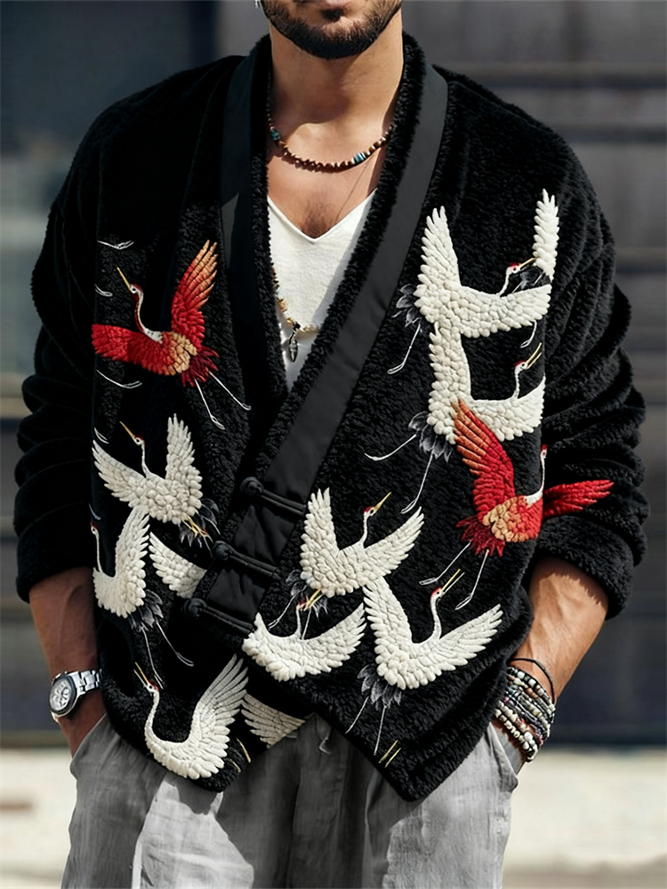 Men's Japanese Cranes Embroidered Cozy Fleece Kimono Cardigan