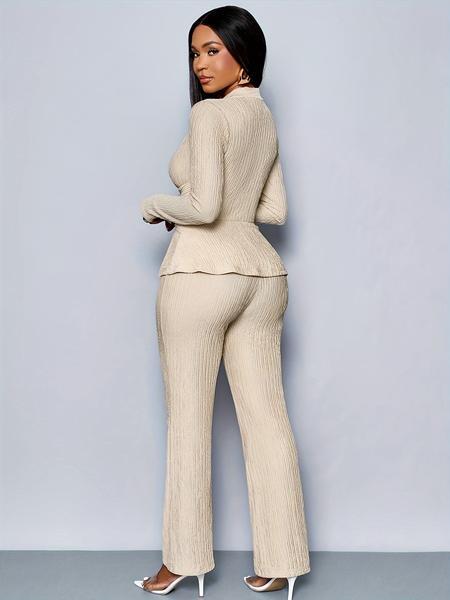 Women’s Elegant Apricot Two-Piece Set – V-Neck Top & Wide Leg Pants