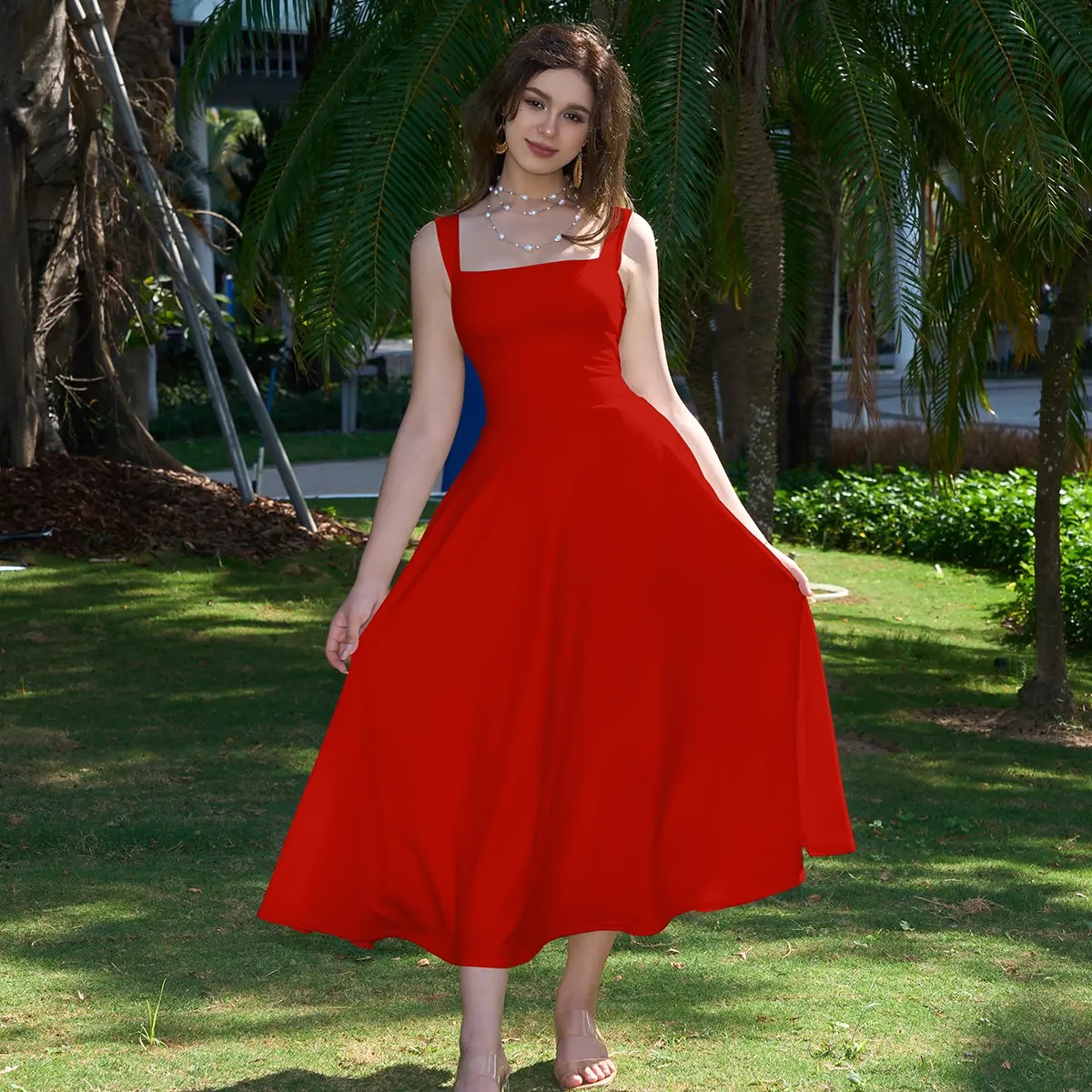 👗👗 Women’s Square Neck A-Line Flowy Dress with Pockets