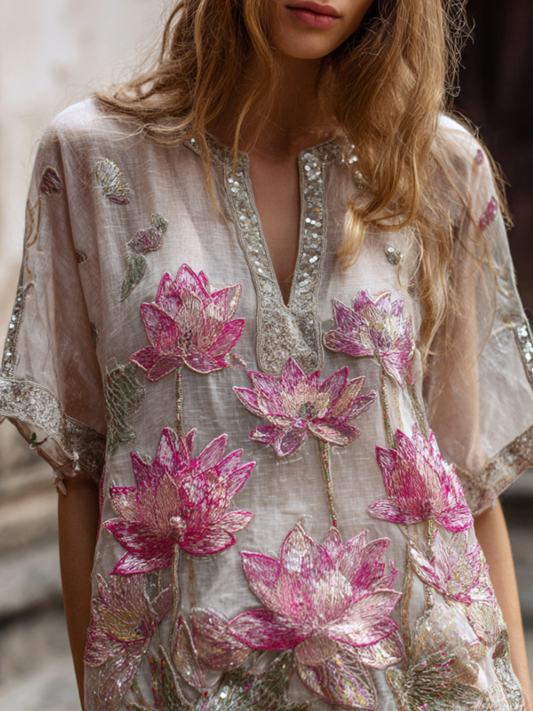 Bohemian Style Pink Three-dimensional Embroidery Gradient Multi-layer Lotus Flower Sequin Embellishment Light And Thin Vintage Short Sleeve V-neck Top