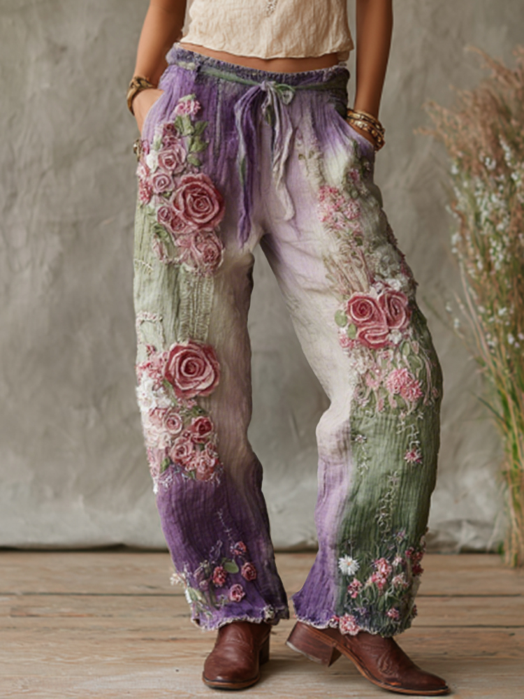 Love & Health Collection Retro Western Women Style Vintage Rose And Floral Patchwork Art Linen Pants