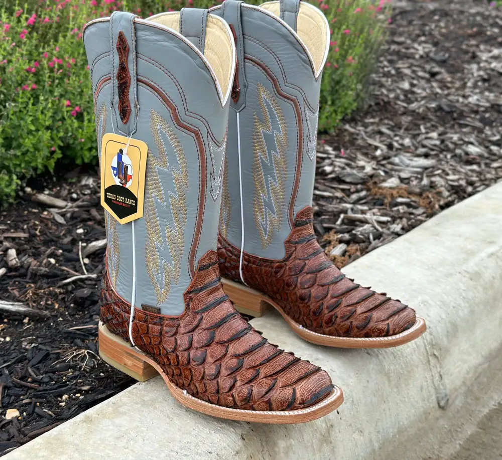 Men’s Cognac Python Leather Boots With Gray Shaft