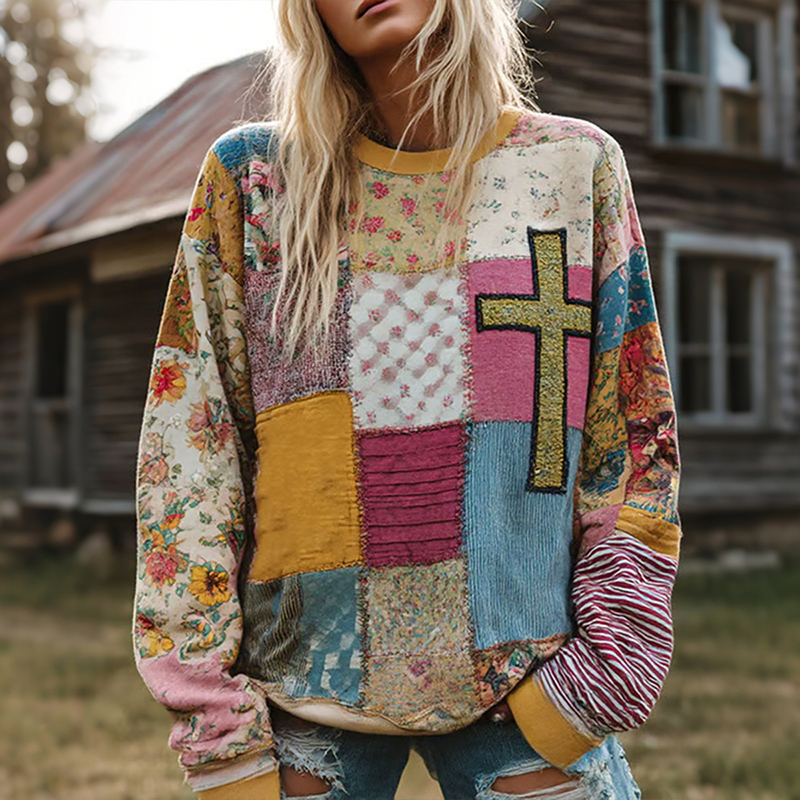 Women's Vintage Cross Floral Patchwork Art Cozy Sweatshirt