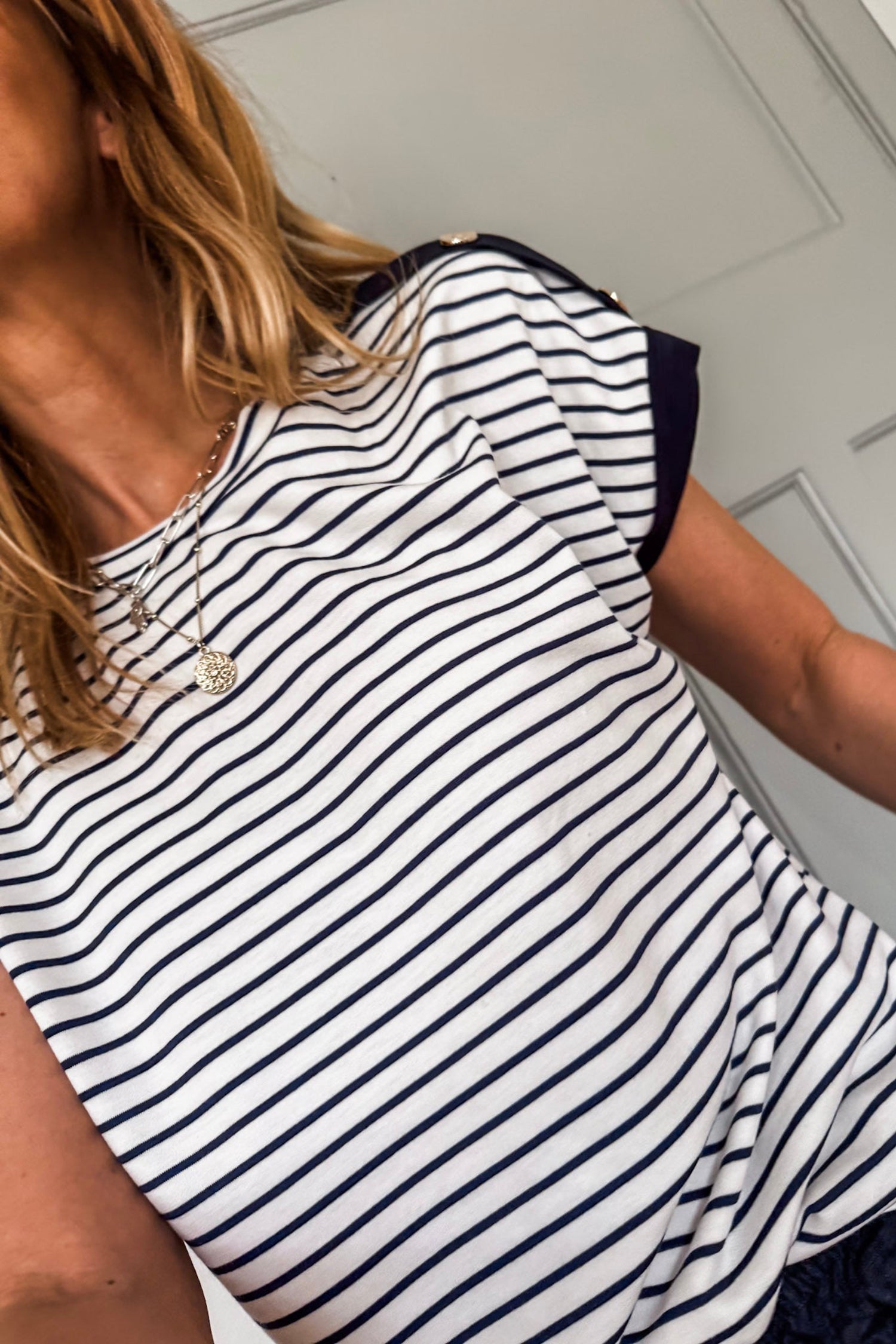 Black Stripe Cuffed Sleeve Button Detail Loose Tee