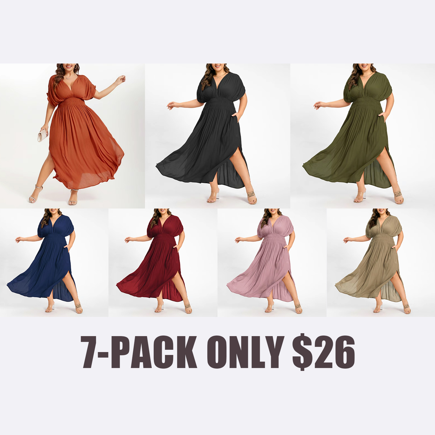 Plus Size Summer V-Neck Batwing Sleeve Maxi Dress with Ruched Waist
