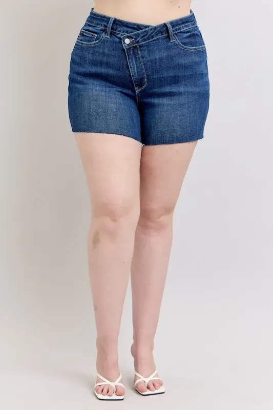 High Waist Criss-Cross Waistband Denim Shorts