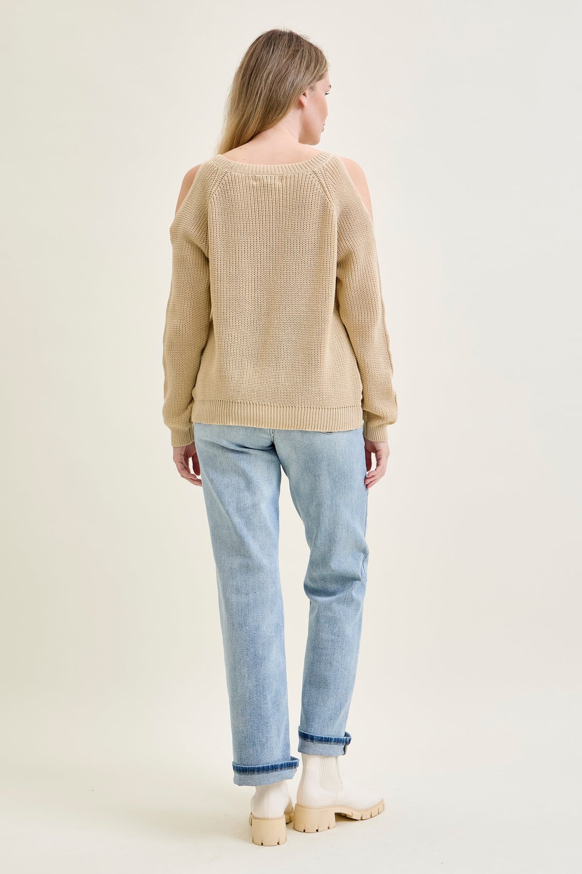 Chevron Stitch Cold Shoulder Beige Sweater