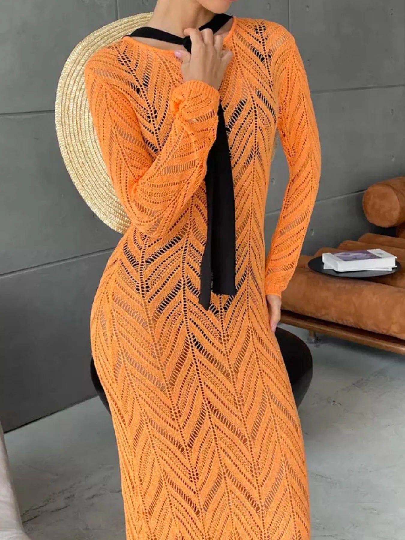 Openwork Long Sleeve Knit Cover Up Dress