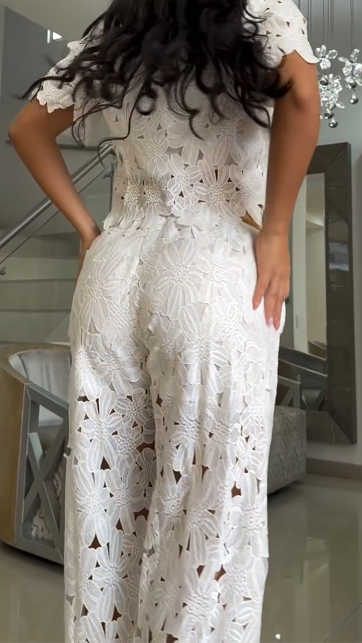 Women Lapel Print Hollow Irregular Top + Pants Casual Suit