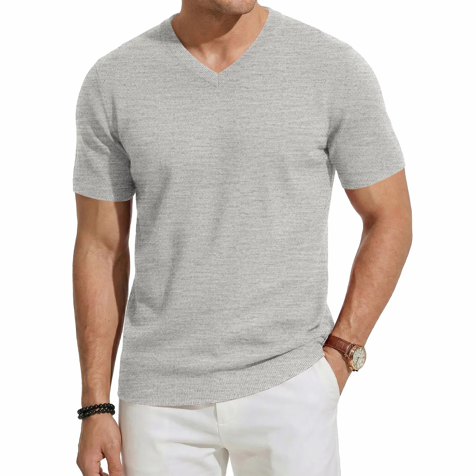 Men's Wool Blend Short Sleeve V-Neck Sweater Soft Textured Knit Pullover for Business Casual Wear