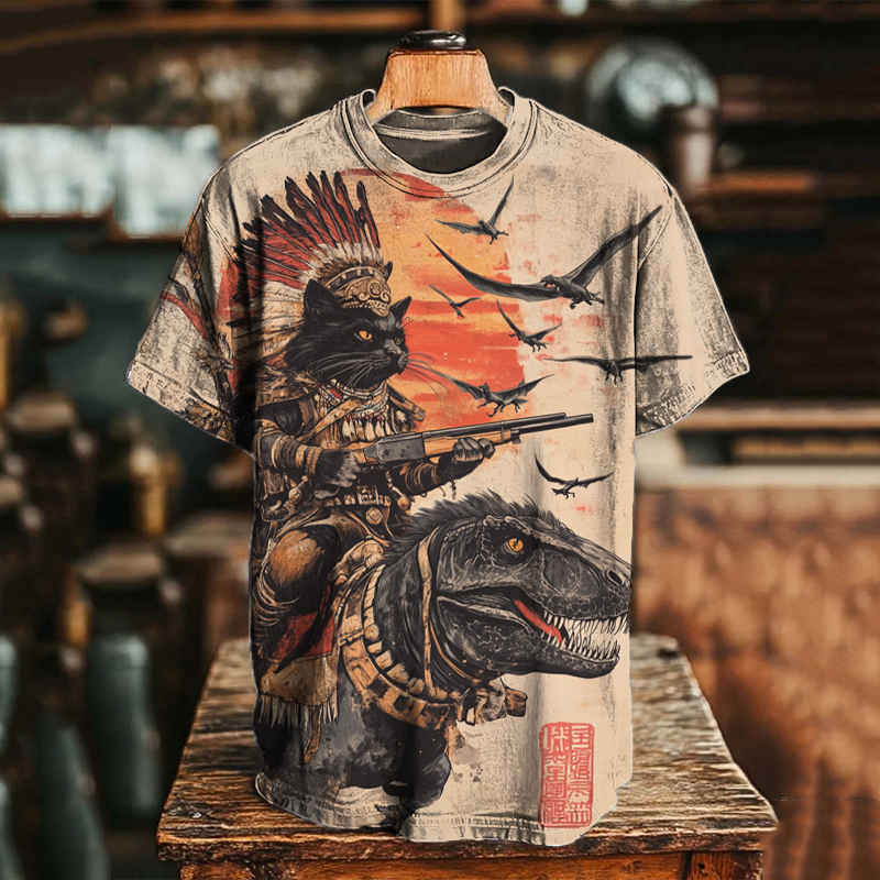 Men's Tribe Cat Dinosaur Japanese Art Print T-shirt