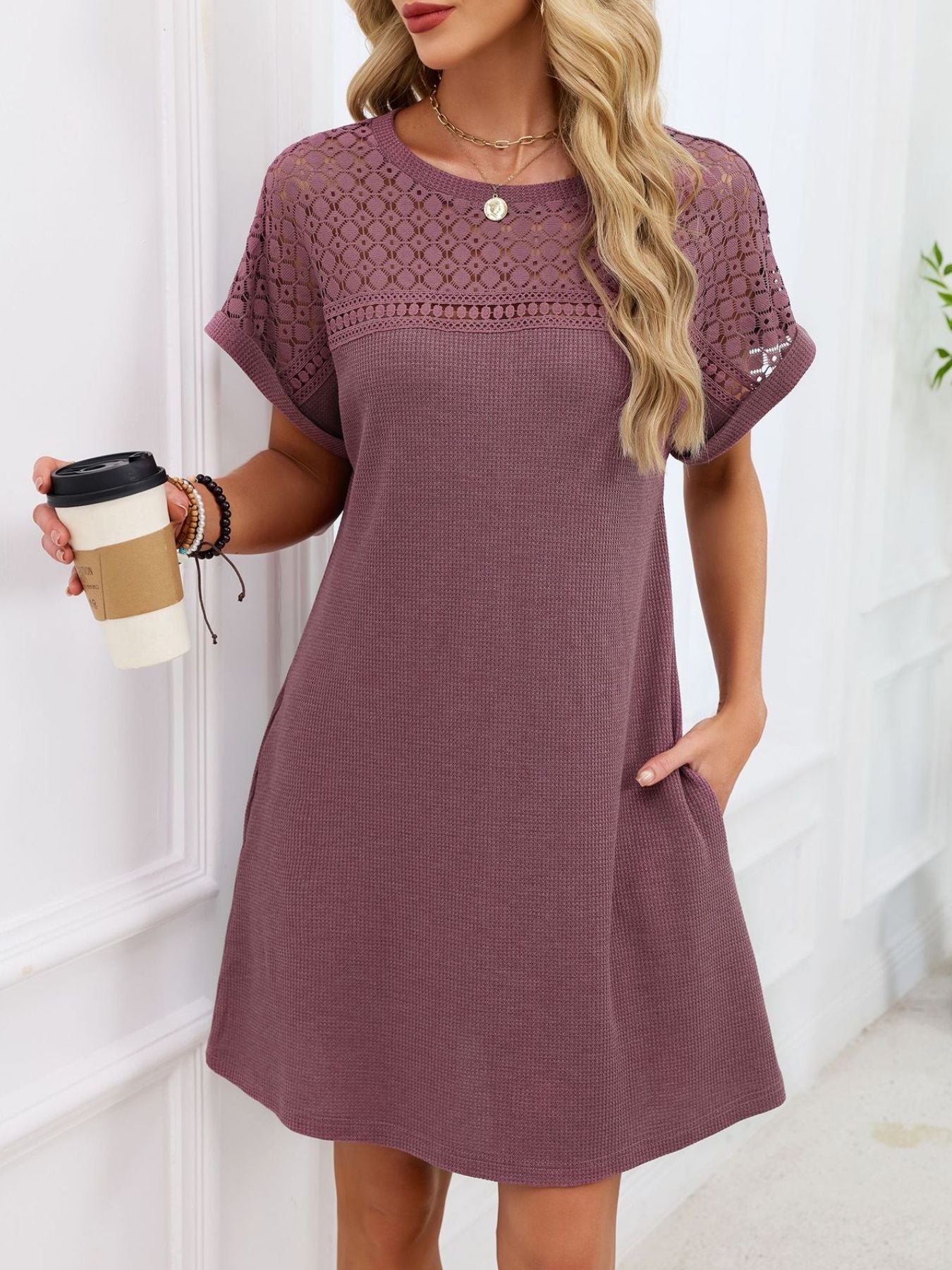 Lace Round Neck Short Sleeve T-Shirt Dress