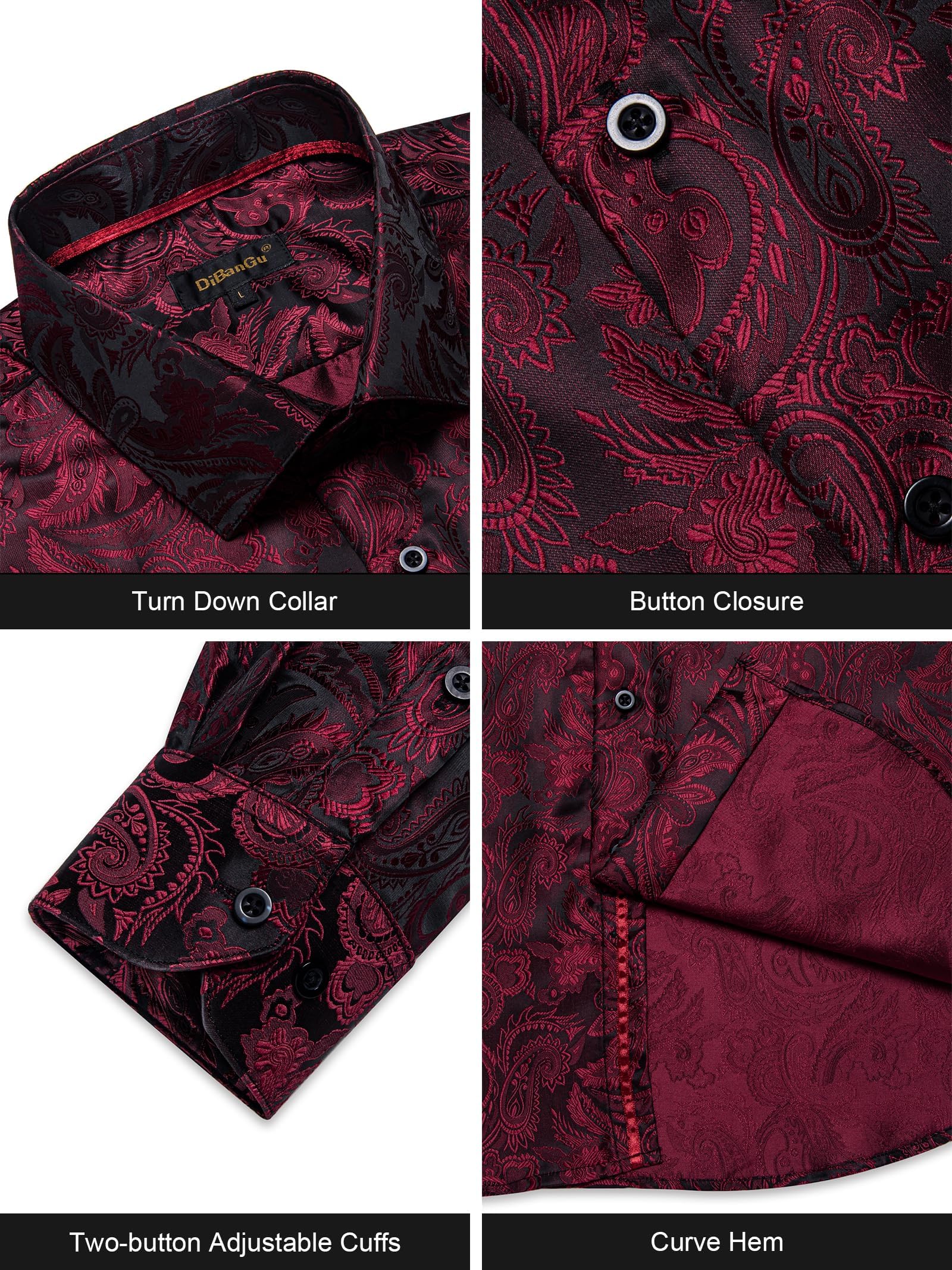 Men's Paisley Dress Shirt Long Sleeve Wrinkle Free Button Down Cowboy Shirts - Black&burgundy&paisley