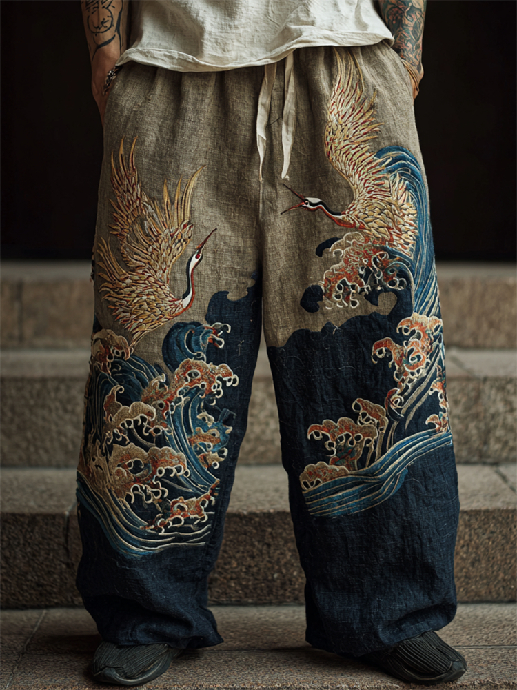 Men's Japanese Cranes Sea Waves Embroidered Linen Pants