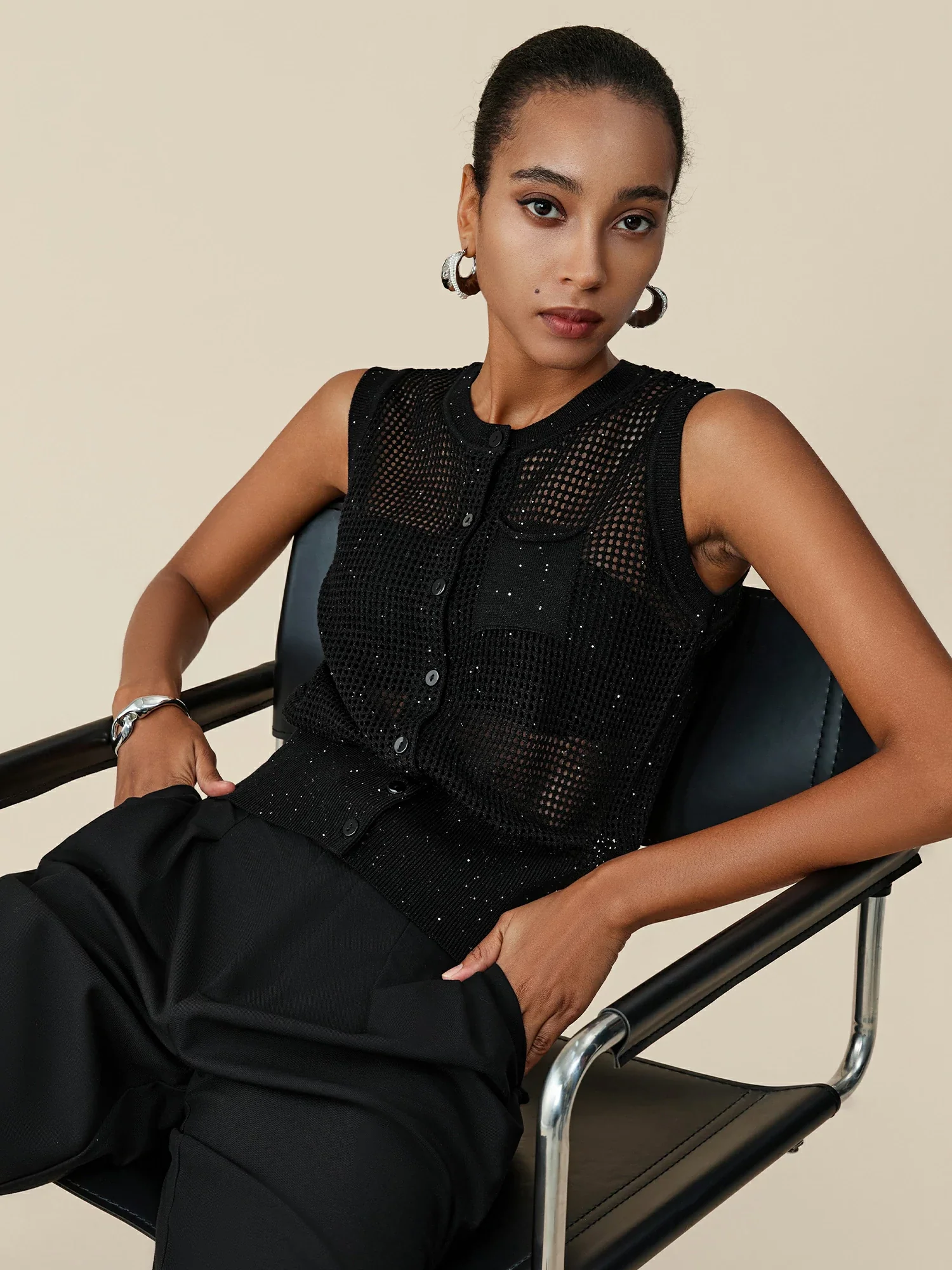 Lyocell & Linen Round Neck Hollow Sequin Vest