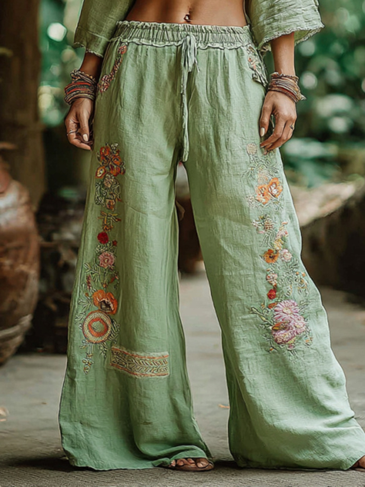 Women's Retro Bohemian Floral Art Linen Pants