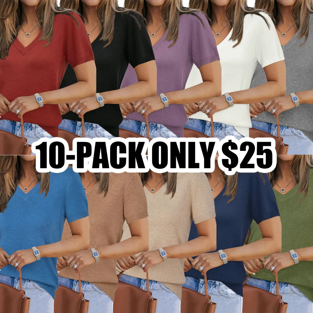 Arach&Cloz Women's 2025 Wool-Blend V-Neck Sweater – Soft Short Sleeve Knit Pullover Top for Spring Business Casual Looks