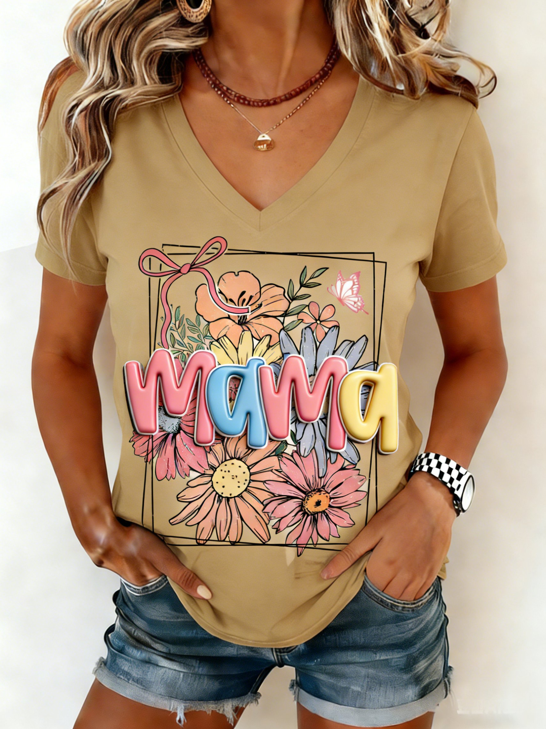 Mother's Day 3D Printing Letter Pattern Floral Short Sleeve V Neck Loose  Casual T-Shirt