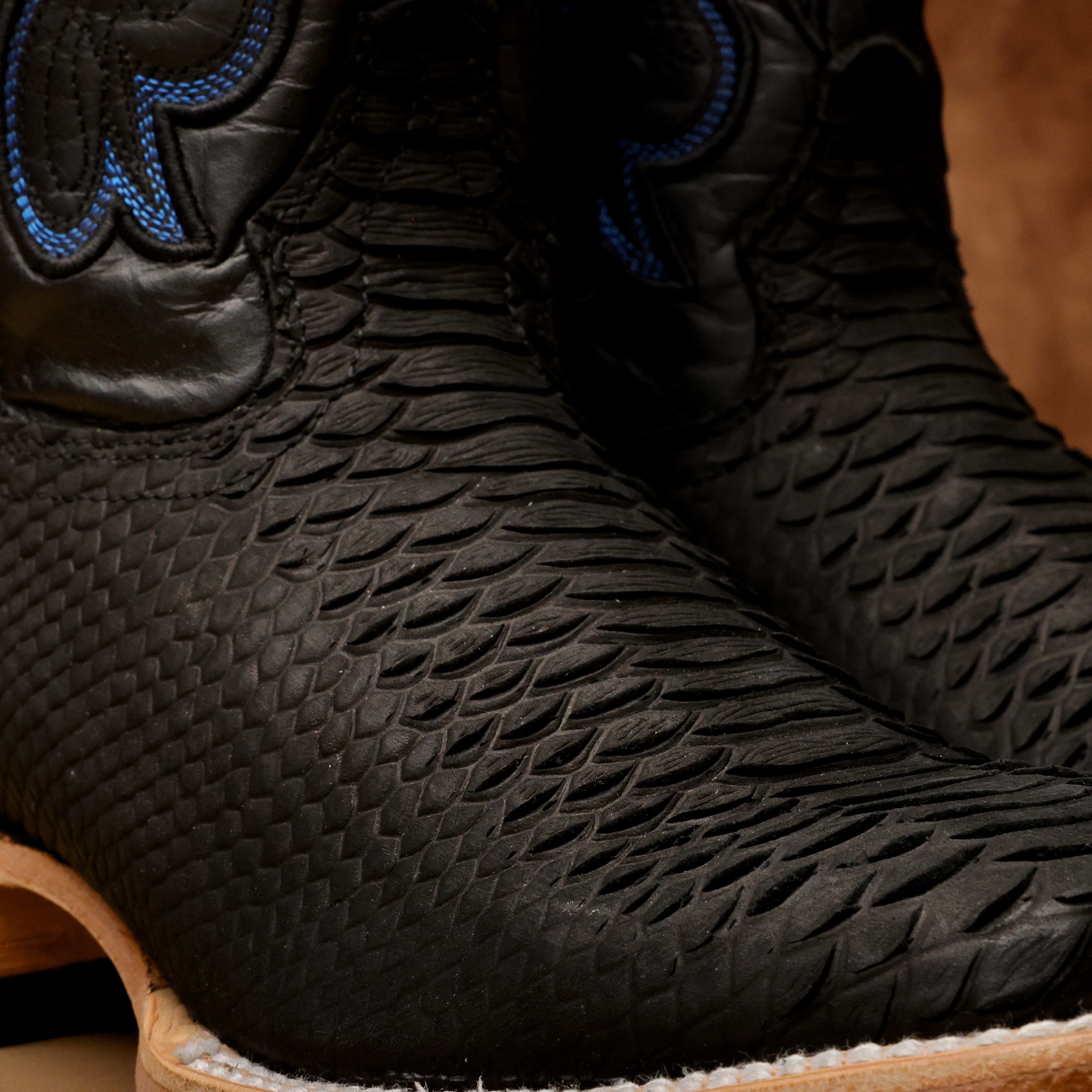 Matte Black Python Leather Boots - Square Toe