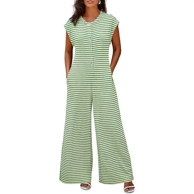 Women’s Casual Striped Wide Leg Jumpsuit – Summer Cap Sleeve Button Down Romper with Pockets