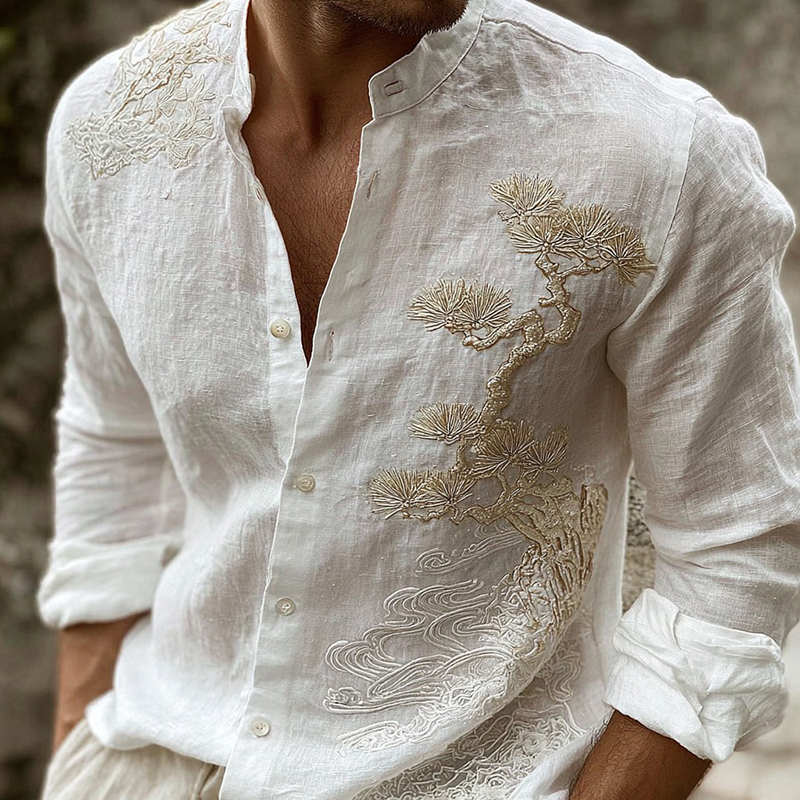 Men's Vintage Pine Tree Art Pattern Linen Blend Shirt